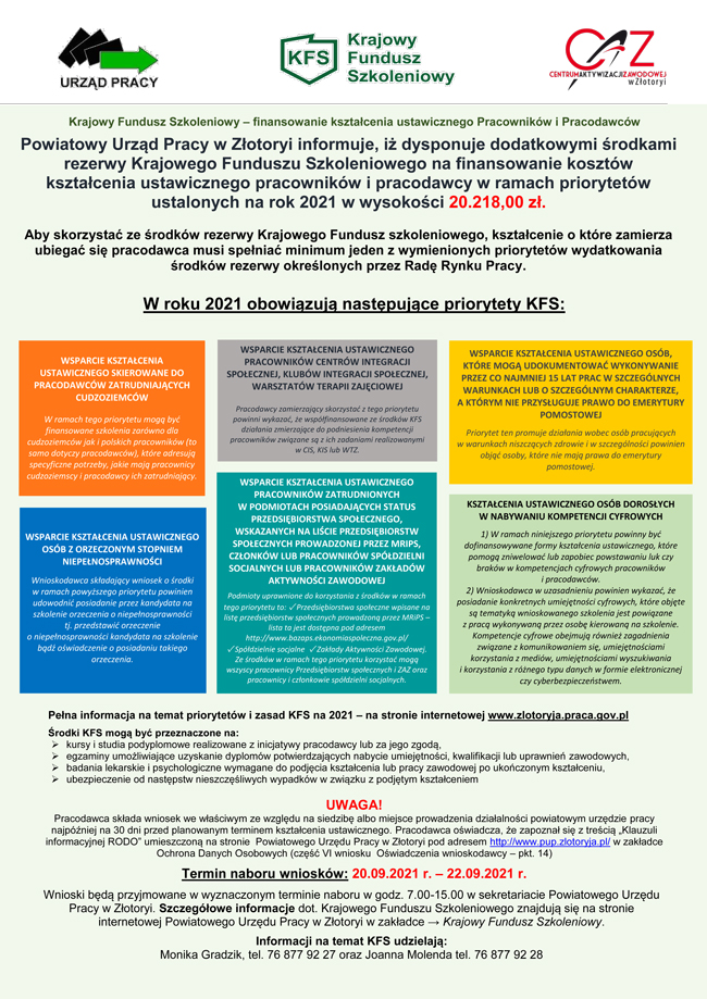 Plakat informujący o dodatkowym naborze na środki z KFS wrzesień 2021