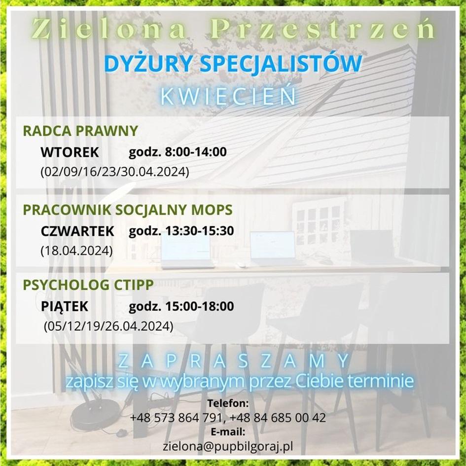 Zdjęcie galerii artykułu:  - Plakat Dyżury Specjalistów w Zielonej Przestrzeni